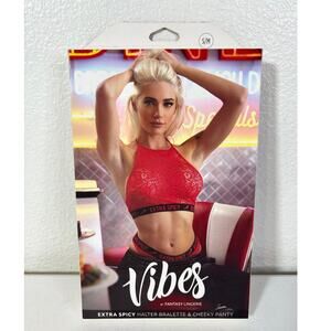 Vibes Fantasy Lingerie NEW Size S/M Red Extra Spicy Halter Bralette Cheeky Panty